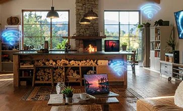 Living room with Optimum Whole Home WiFi expanded coverage