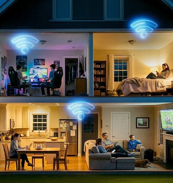 Multi-story home with blue WiFi signal covering all rooms via Optimum Whole Home WiFi extenders 